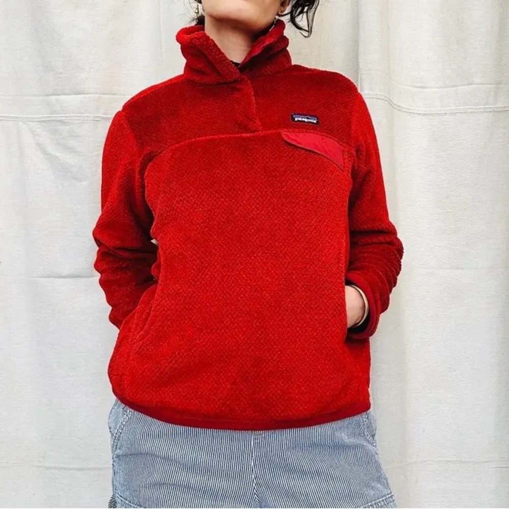 Patagonia Red Teddy Jacket Plush Fleece High Collar - Picture 3 of 5